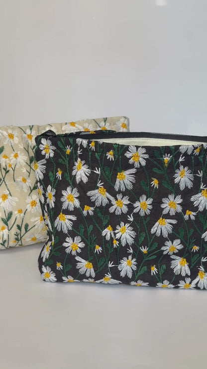Embroidered Daisy Makeup Bags