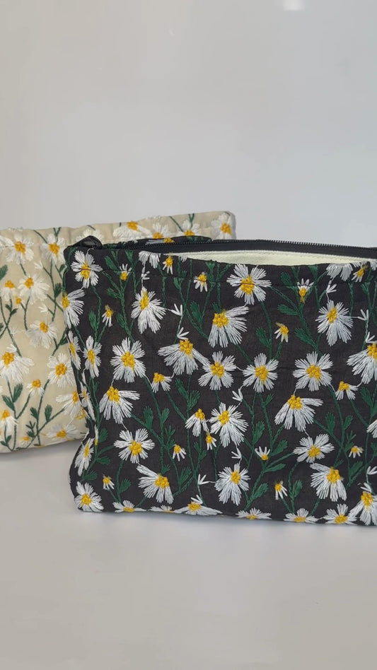 Embroidered Daisy Makeup Bags